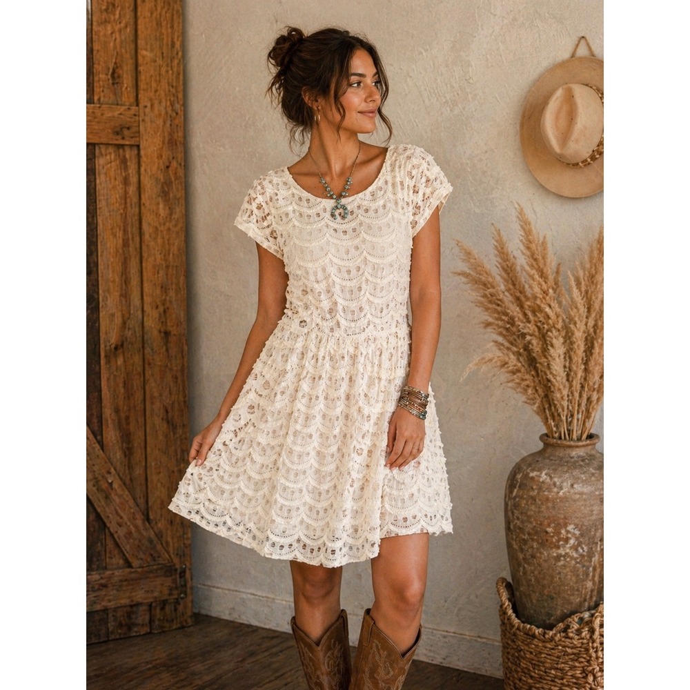 Miami Cream Crochet Scalloped Lace Mini Dress Short Sleeve Coastal L Party